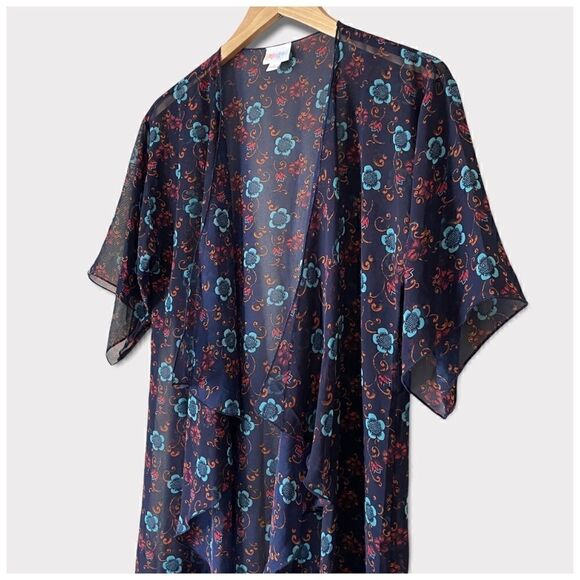LuLaRoe Monroe Floral Print Sheer Fringe Long Kimono Duster Cardigan Sz S - Picture 2 of 8